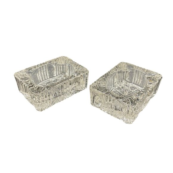 Vintage Crystal Cut Glass Square Ashtrays Set Of 2 Salt Cellars 3"L x 2.25"W - Picture 1 of 5